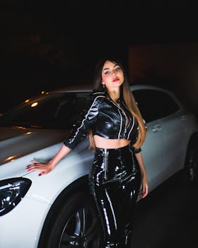 Fashionable woman posing in black leather outfit beside a white luxury car at night.