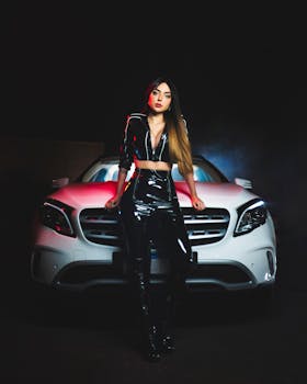 Stylish woman in leather attire poses against a white car with dramatic lighting.