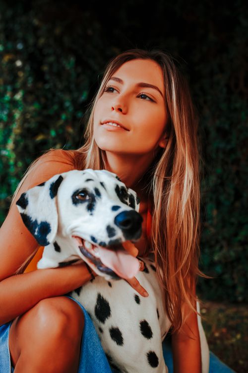 Free Young woman with long hair lovingly embracing a Dalmatian dog outdoors. Stock Photo