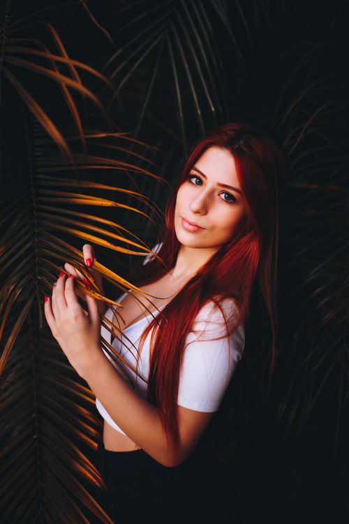 Free Elegant red-haired woman poses among palm leaves, wearing a white crop top and black shorts. Stock Photo