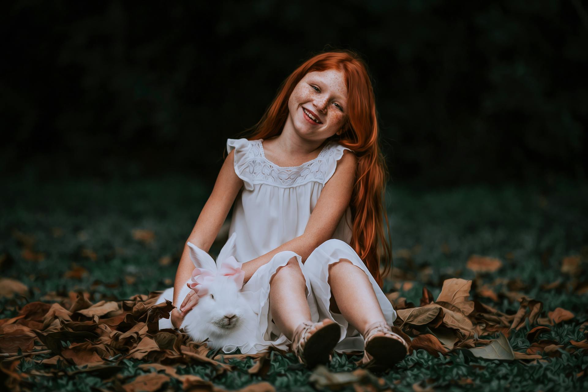 Girl Smiling on Grass with Rabbit