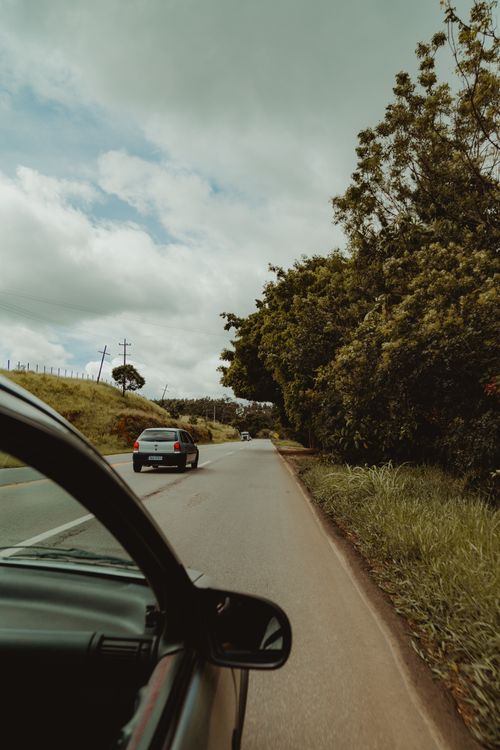 Free View from a car window driving on a countryside road with lush greenery and overcast skies. Stock Photo