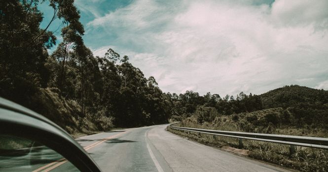 A tranquil rural road winding through a lush forest with clear skies above, perfect for travel themes.