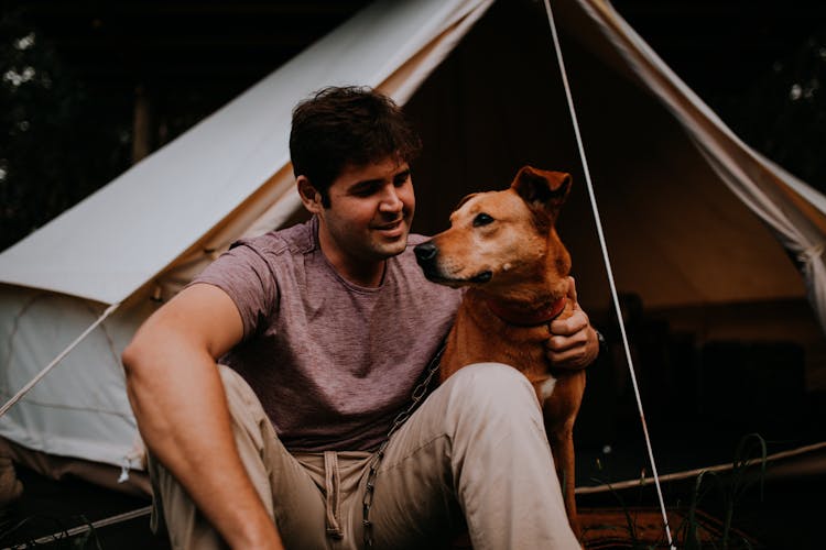 Man With Dog By Tent