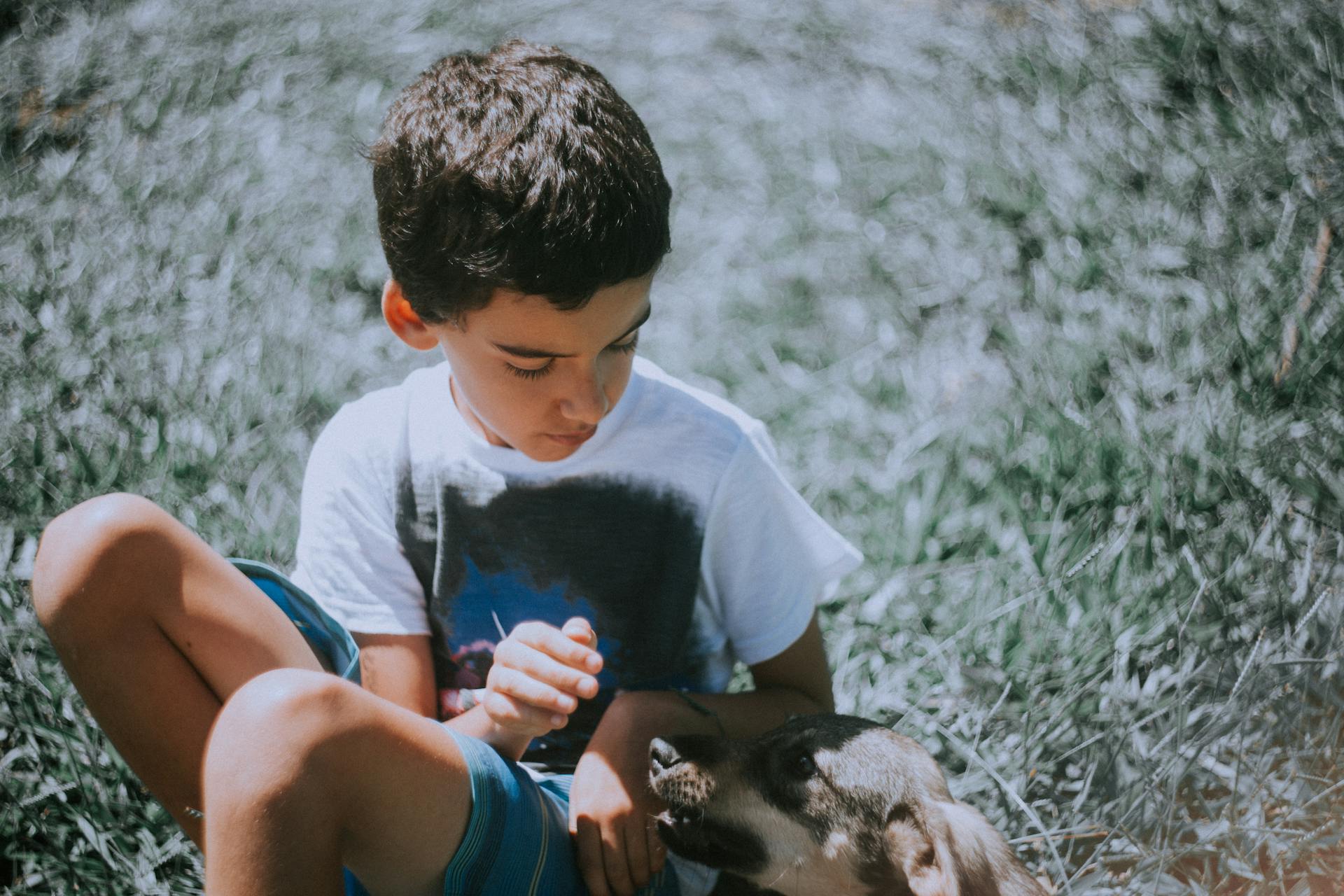 Boy Sitting Beside a Short-Coated Dog on Green Grass