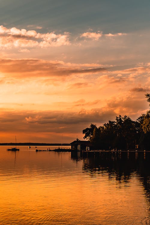 Silhouette of House and Trees near the Lake during Golden Hour