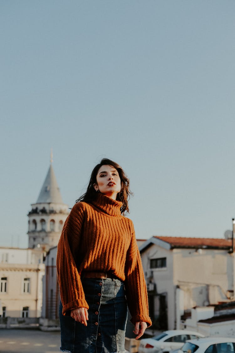 Standing Woman Wearing Turtleneck Sweater