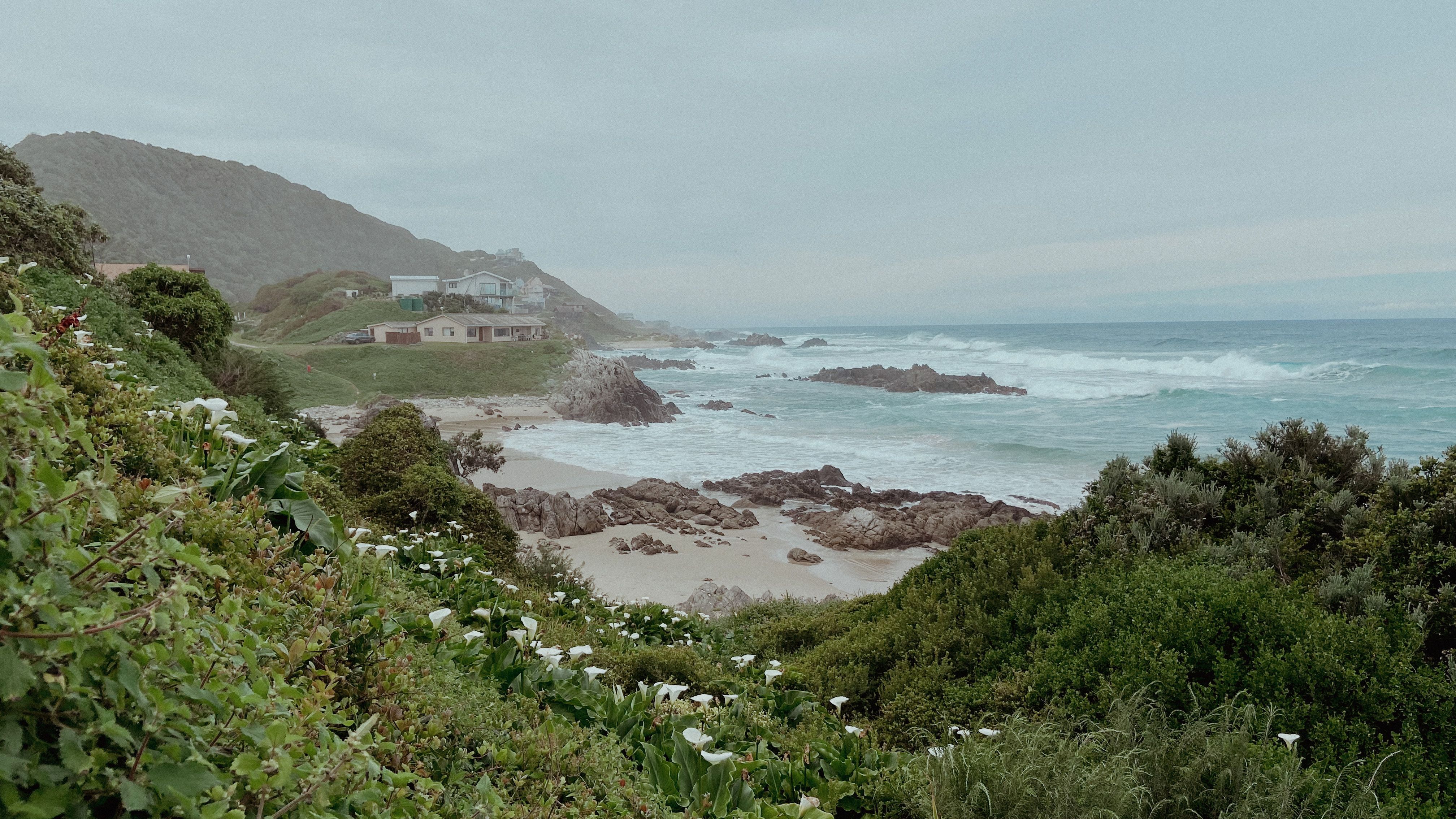 A tranquil coastal scene in Kareedouw, South Africa with waves, rocks, and greenery.