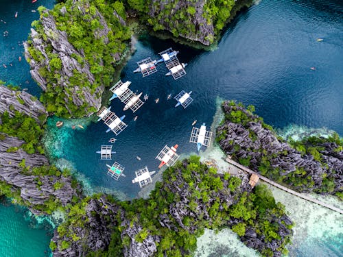 Top View of Boats in a Lagoon in El Nido, Palawan, Philippines