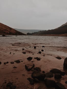 A tranquil lake shore featuring smooth rocks and sand under a moody dusk sky.
