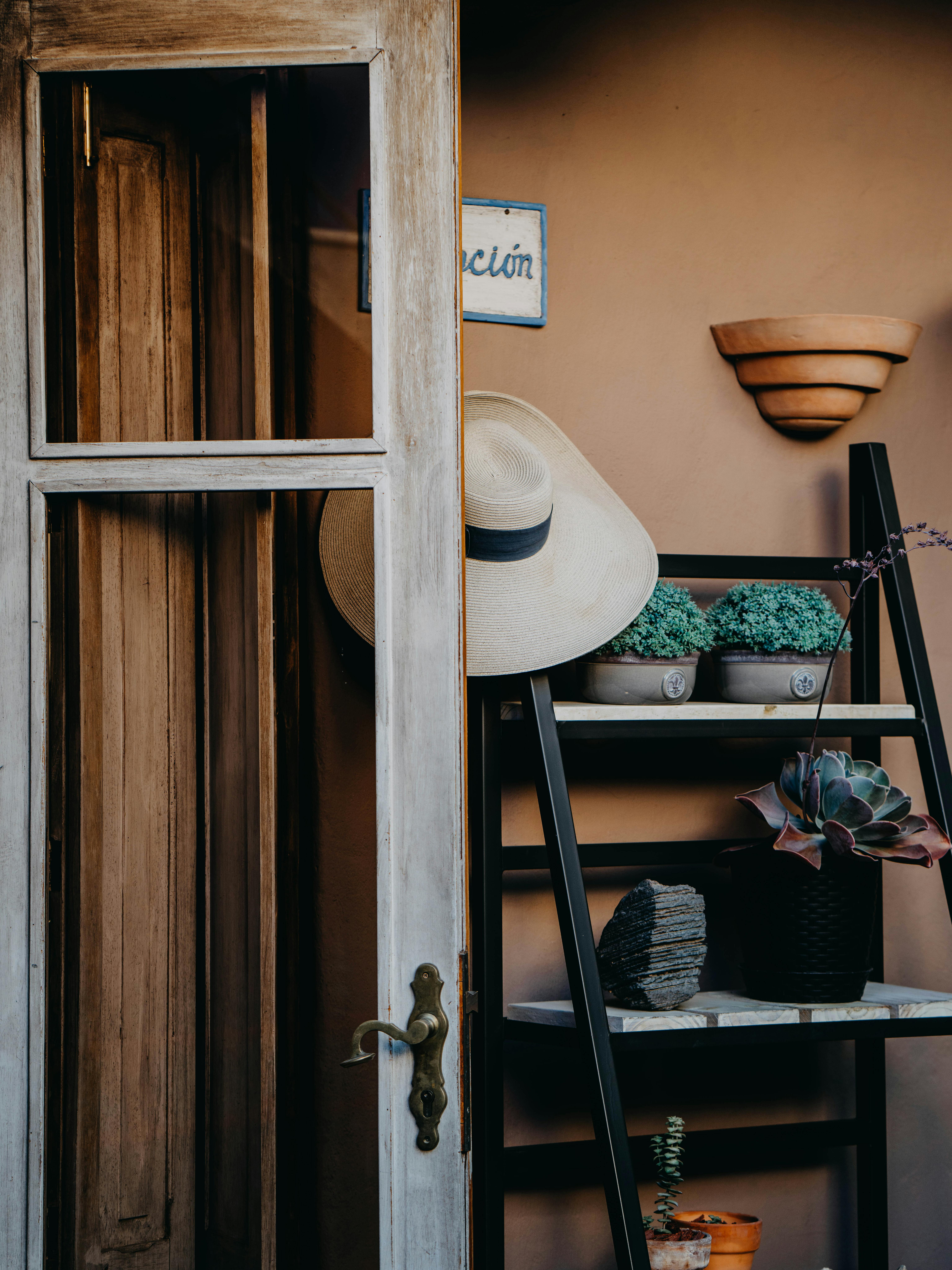 Rustic home interior in Arequipa with western decor and potted succulents.