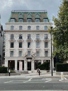 Stunning facade of a classic historical building in London, showcasing ornate architectural details.