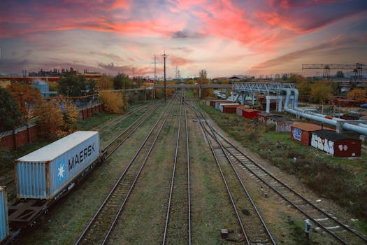 A dramatic sunset over railway tracks in Minsk, Belarus, surrounded by industrial structures.