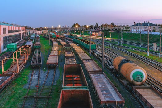 Aerial view of Minsk railway station with tracks and freight trains at dusk, highlighting transportation infrastructure.