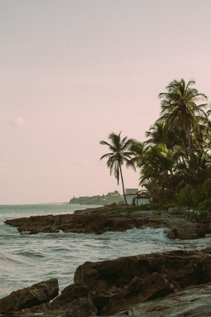 Serene coastal view of Tulum beach with palm trees and rocky shore at sunset.