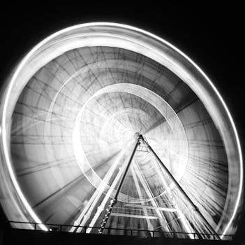 Stunning long exposure shot of a Ferris wheel in motion at night, creating a mesmerizing abstract pattern.