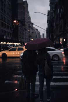 A couple stands under an umbrella on a rainy city street, surrounded by cars and buildings.