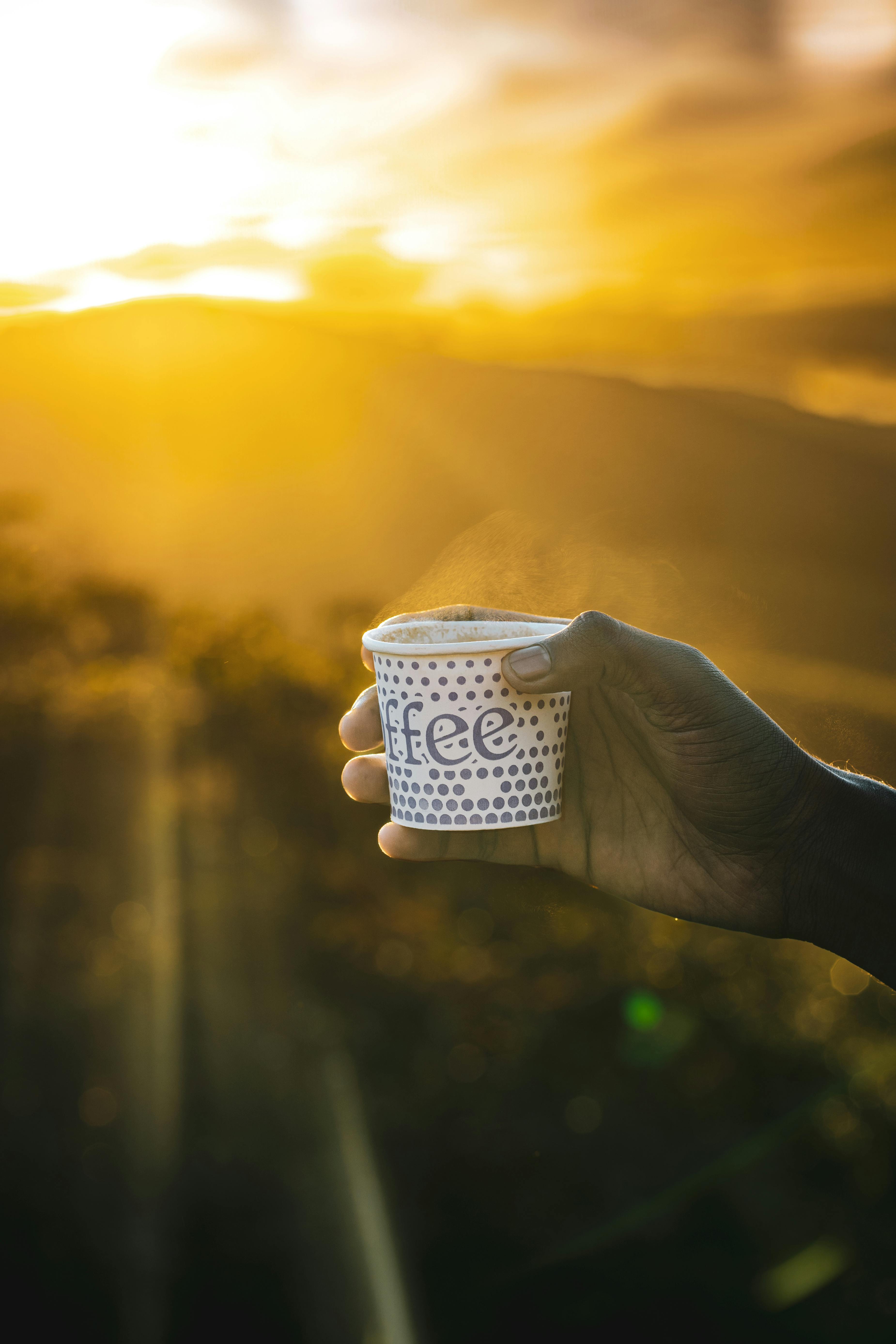 A hand holds a steaming coffee cup against a golden sunrise in Vagamon, India.
