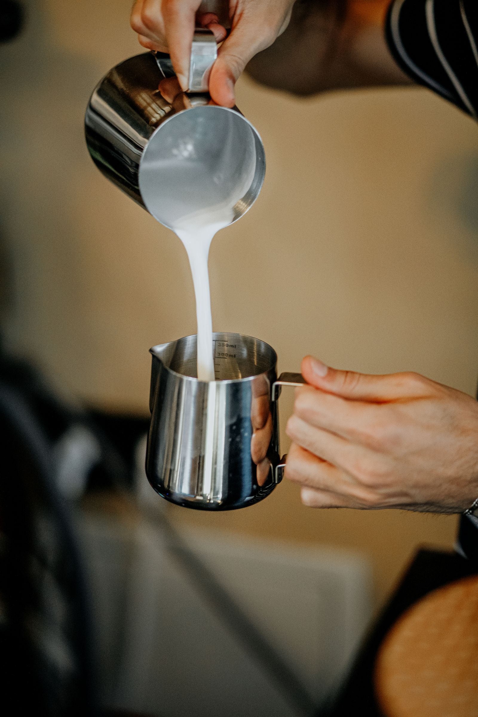 Barista transferring textured milk between two real stainless-steel pitchers