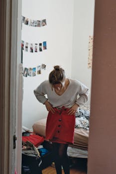 Young woman adjusting her skirt in a cozy bedroom setting, surrounded by personal decor.