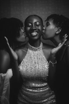 Three women joyfully celebrating together, captured in a monochrome portrait.