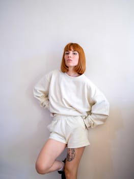 Confident woman posing in a white outfit and showcasing a leg tattoo against a minimalistic backdrop.
