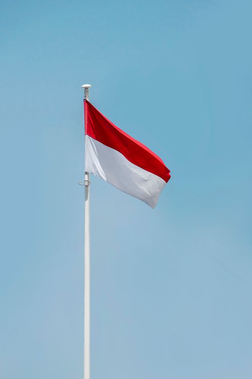 Free The Indonesian national flag flies high against a clear blue sky, symbolizing freedom and pride. Stock Photo