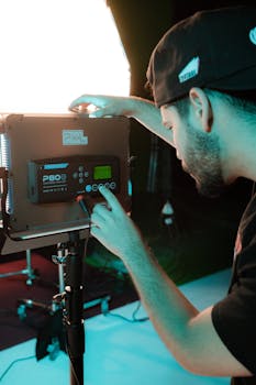 Man adjusting studio lighting equipment during a photo shoot session indoors.