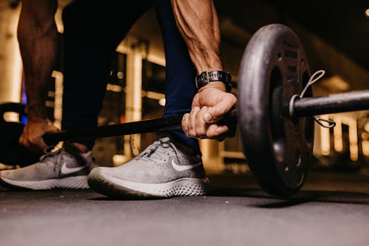 Focused image of a man lifting weights indoors, capturing strength and determination.