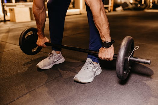 A muscular individual lifting a barbell in an indoor gym, focusing on strength training.