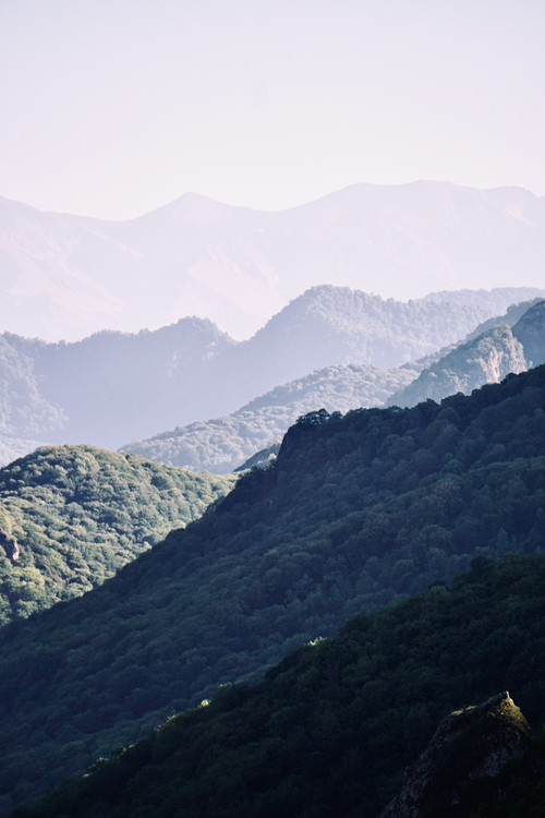 Free Peaceful mountain landscape featuring lush greenery and misty hills in a tranquil setting. Stock Photo