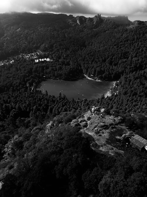 A Grayscale Photo of a Lake Between Trees on Mountain