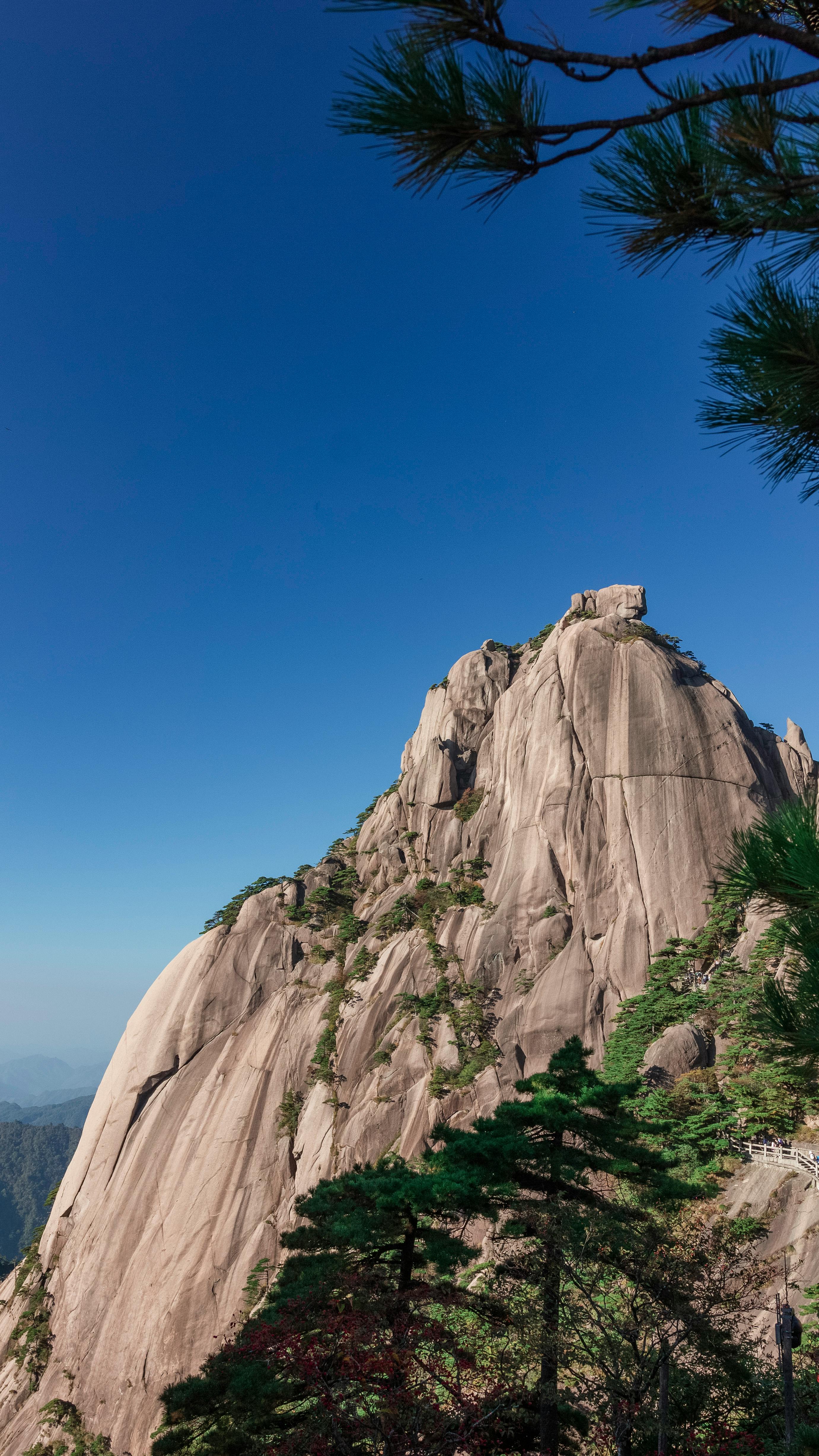 Breathtaking view of a rocky mountain peak surrounded by lush greenery and clear blue skies.