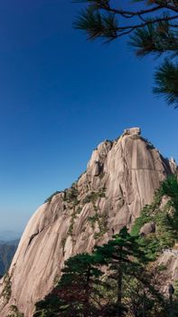Breathtaking view of a rocky mountain peak surrounded by lush greenery and clear blue skies.