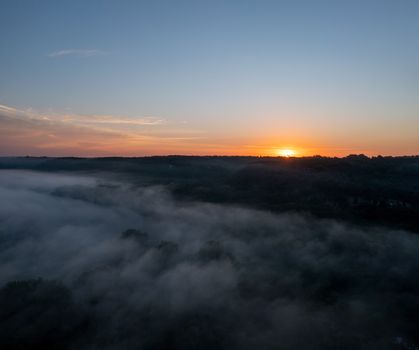 Serene sunrise over fog-covered forest in Maiden Rock, Wisconsin.