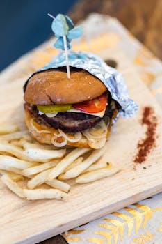 Close-up of a delicious hamburger and fries on a wooden board, perfect for food lovers.