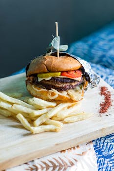 Mouth-watering gourmet burger served with crispy fries on a rustic wooden board.