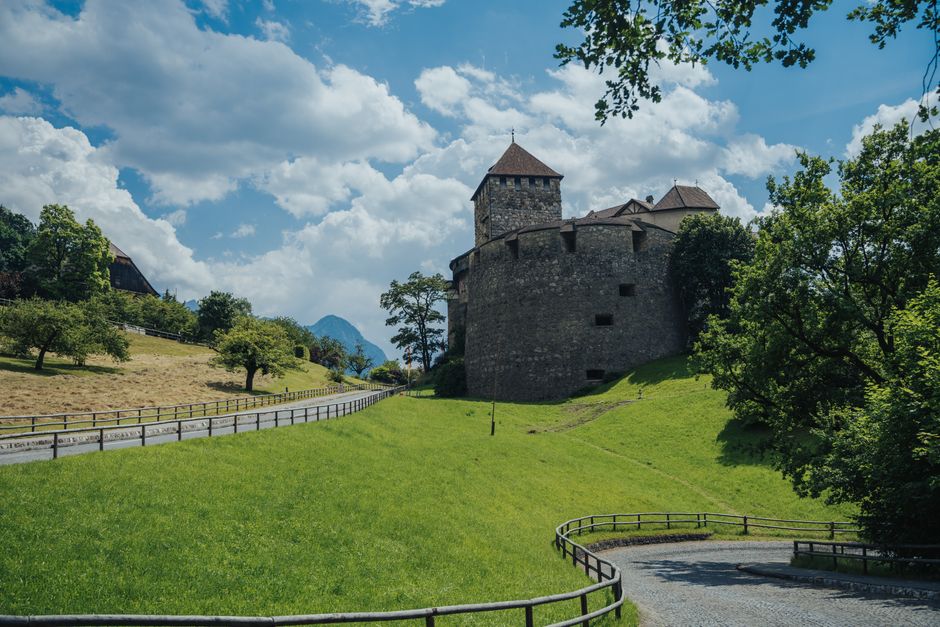 Charming landscape featuring Vaduz Castle, lush green fields, and a bright blue sky.