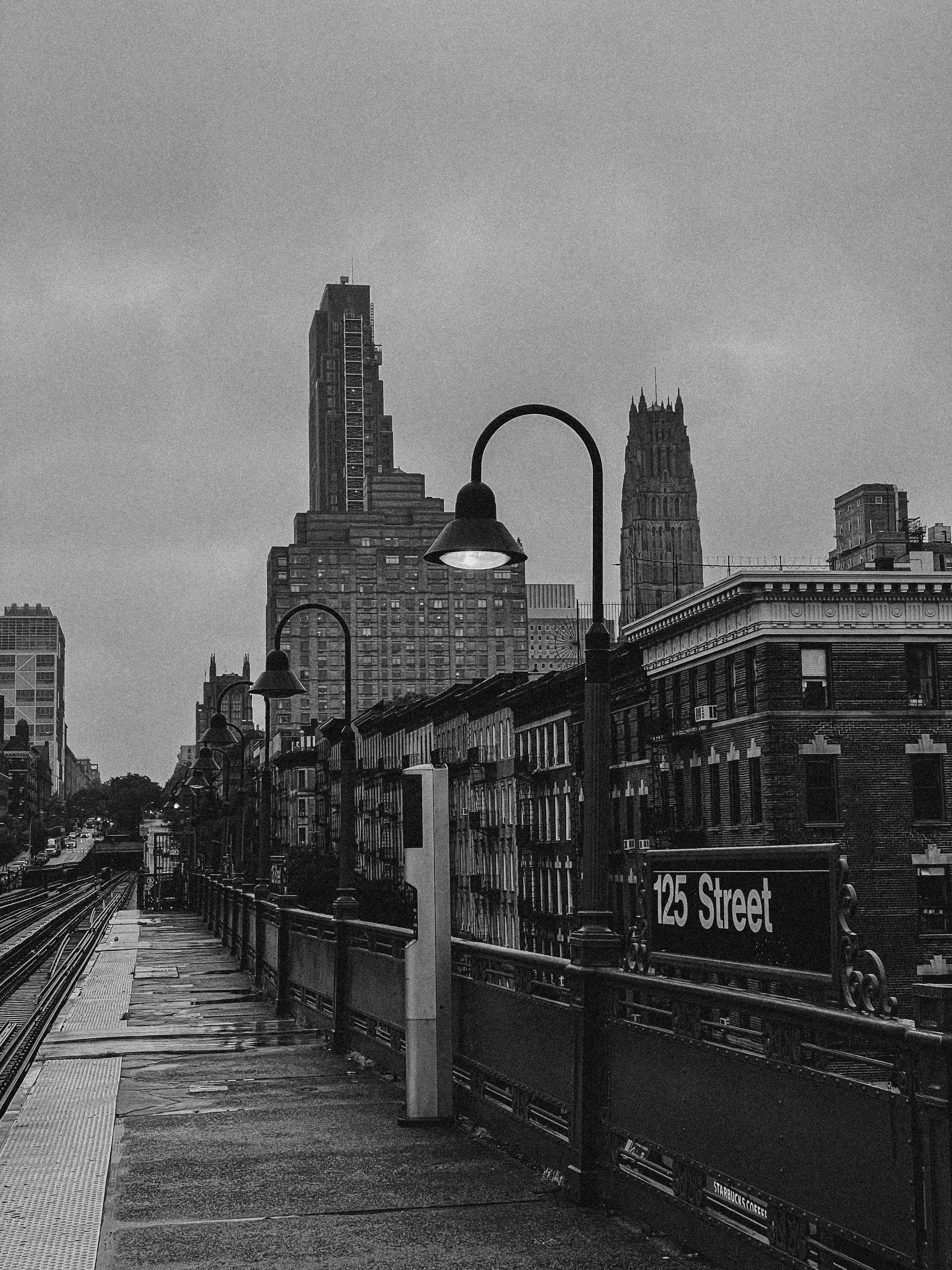 Moody black and white photo of urban skyline with prominent streetlamps.