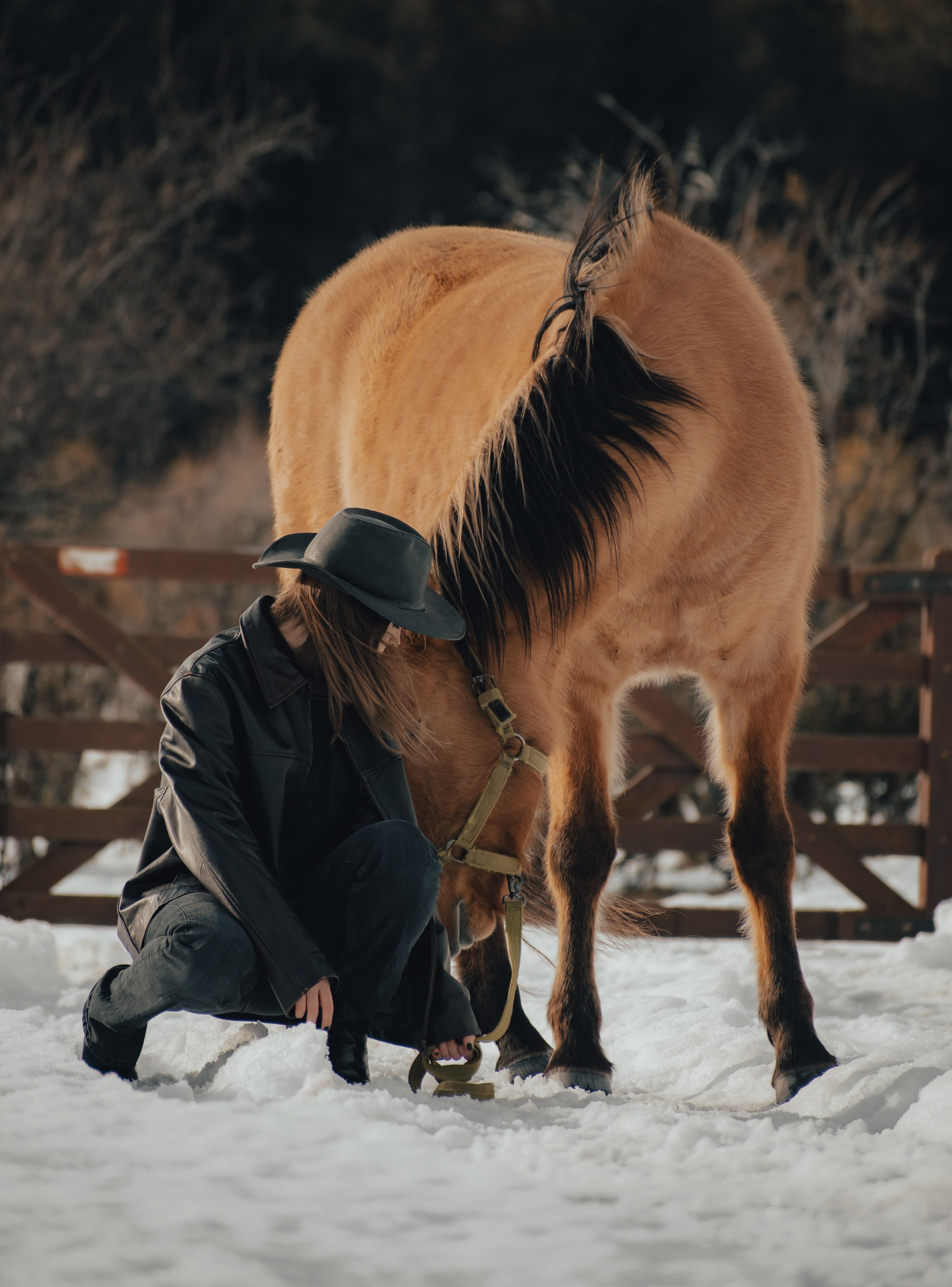 A woman in winter attire poses with a horse in a snowy rural setting, showcasing fashion and countryside charm.