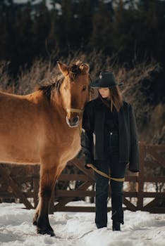 A woman in warm clothing and hat gently interacting with a horse outdoors in winter.