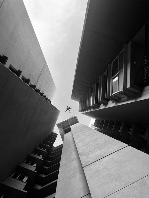 Grayscale view of skyscrapers with an airplane flying overhead, seen from a low angle.