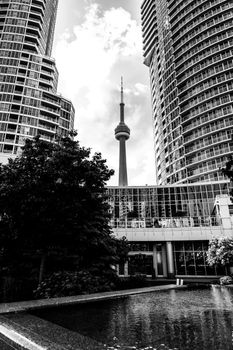 Dramatic black and white view of CN Tower framed by Toronto skyscrapers.