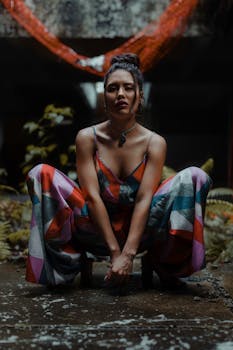A woman in a colorful geometric jumpsuit poses artistically in an urban setting, showcasing bold fashion and style.