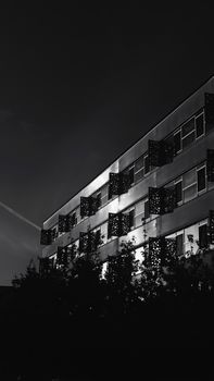 Low angle black and white shot of a building facade in Üsküdar, Istanbul.