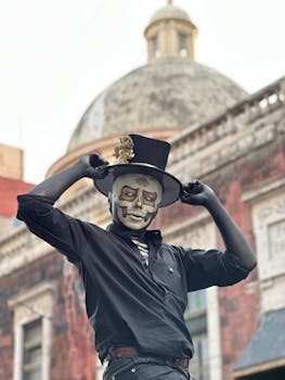 Man in skull makeup and top hat during Día de los Muertos in Mexico City.