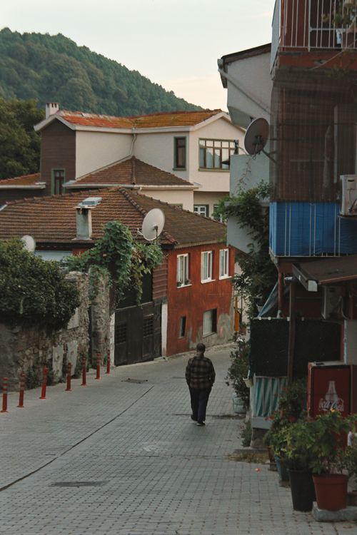 Free A person walks down a quaint cobblestone street lined with charming houses. Stock Photo