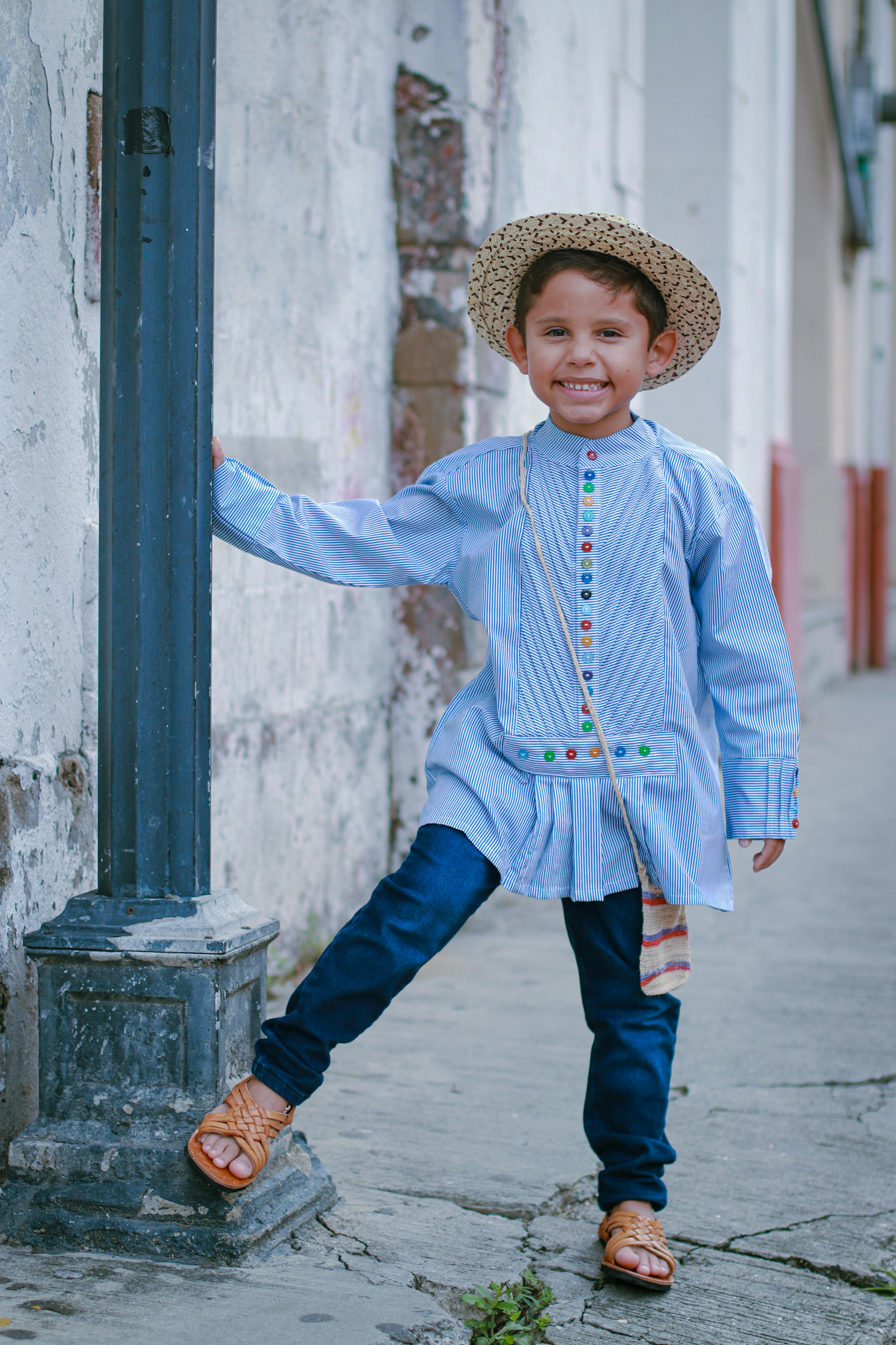 1950S Smiling Boy Straw Hat Holding Fishing Pole Wearing Plaid Shirt Blue  Jeans - SuperStock