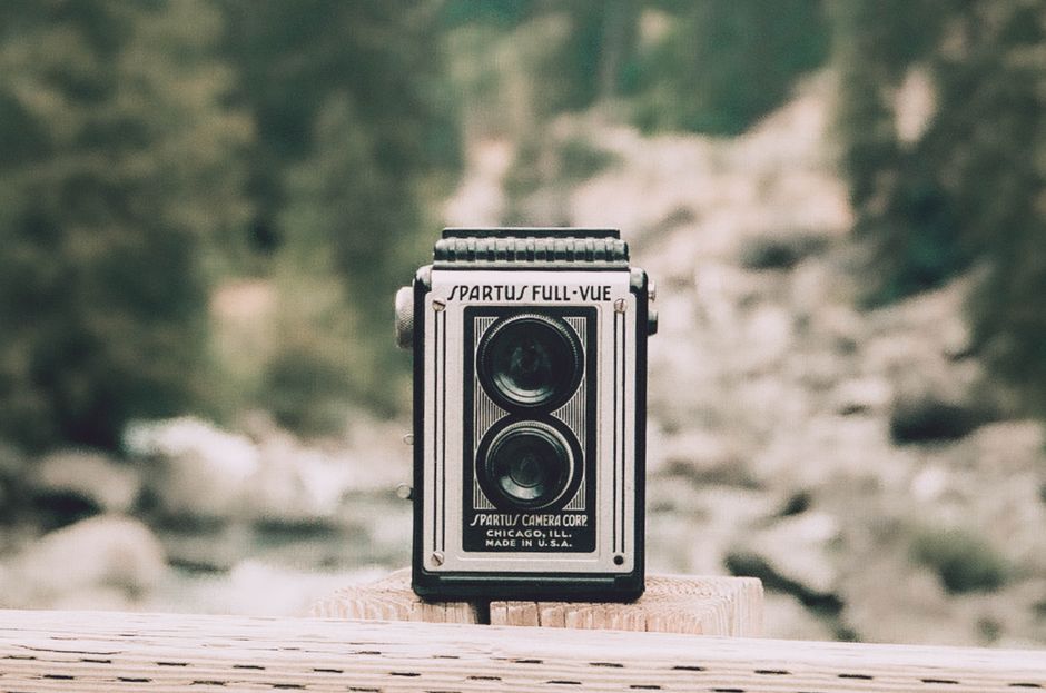 Close-up of a vintage Spartus camera outdoors in Leavenworth, Washington.