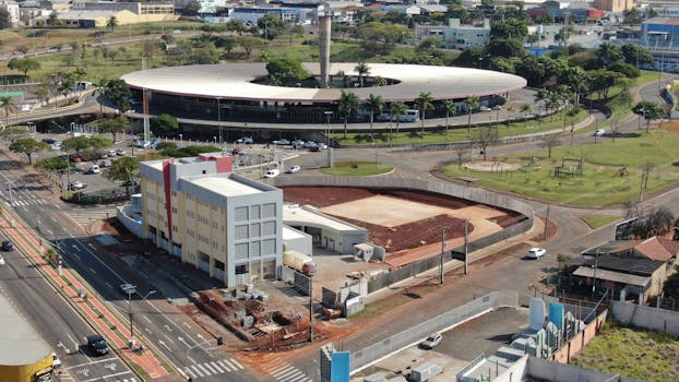 Aerial view shows modern architecture and urban landscape of Londrina, Brazil.